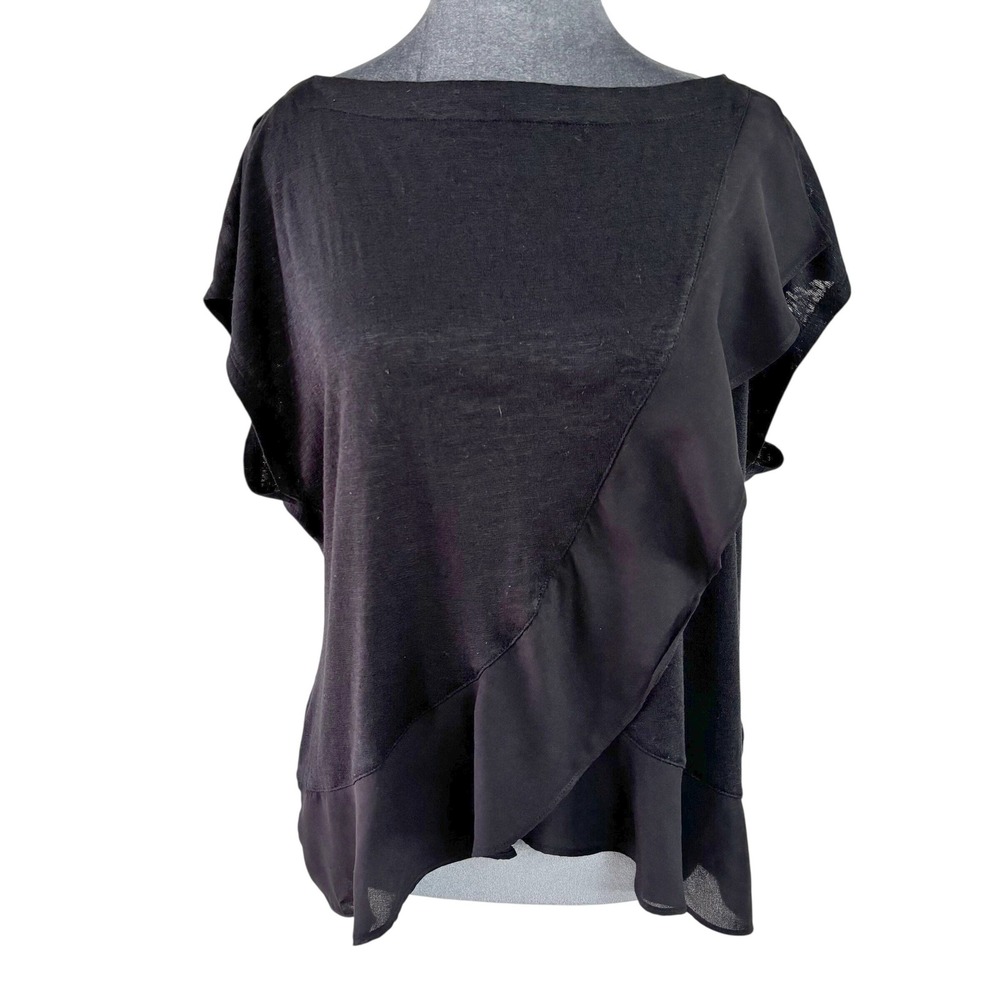 Banana Republic Wms L Capsule Black Ruffle Overlay Boat Neck Mixed Media Top